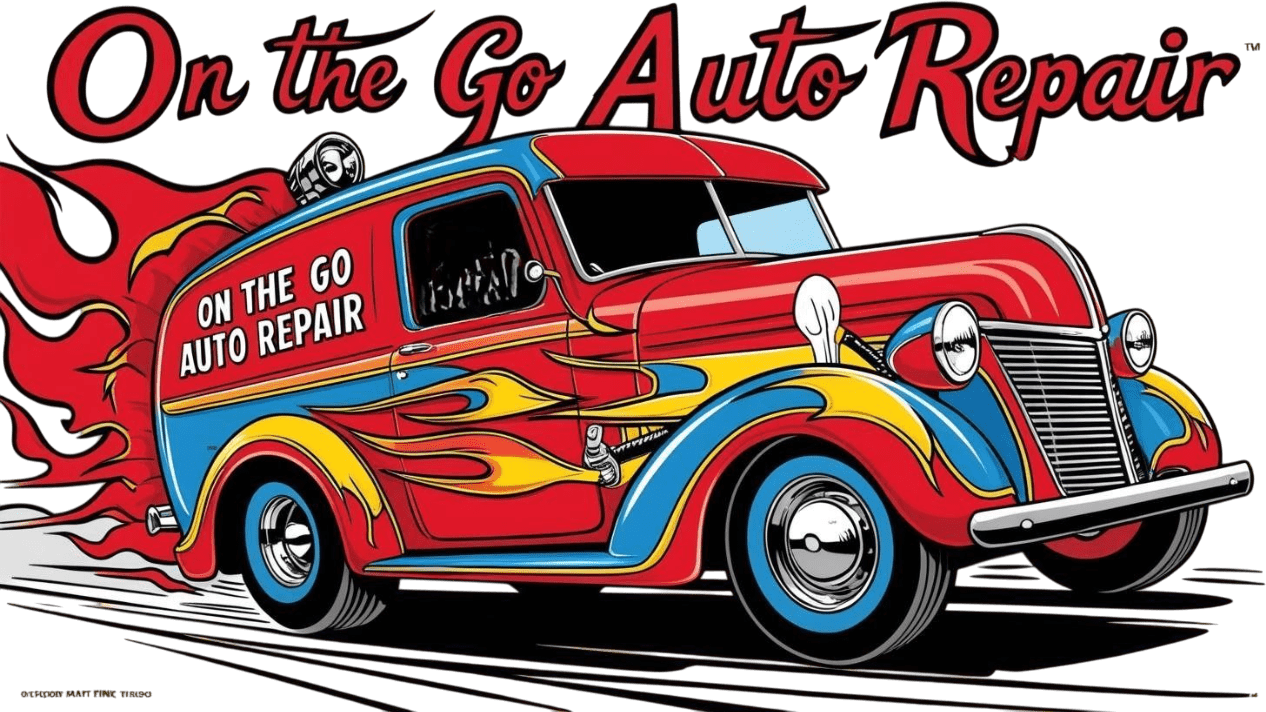 Colorful vintage car with flames and "On the Go Auto Repair" text on the side, under "On the Go Auto Repair" in bold letters above.