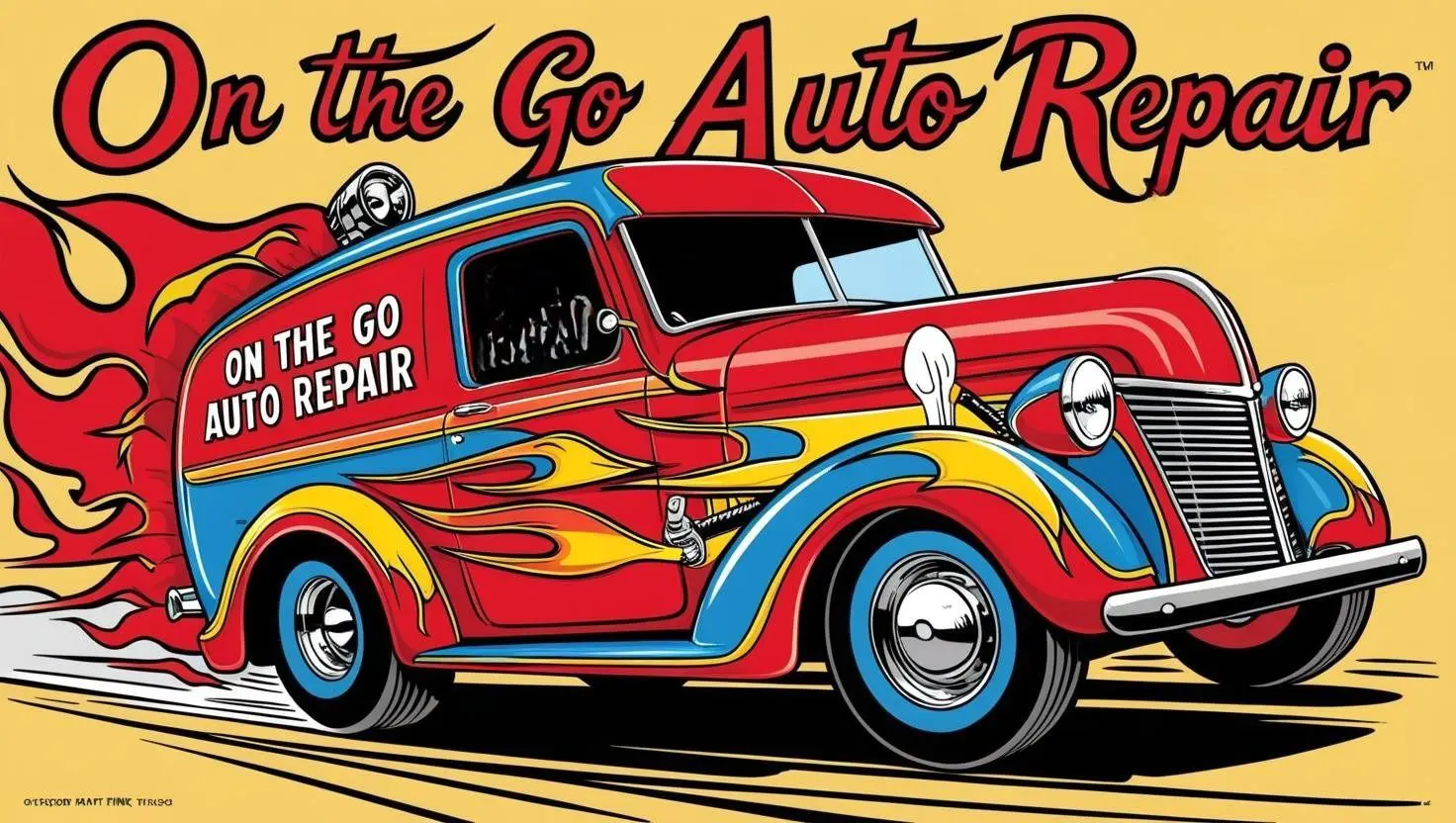 473666666_122100526556726867_21140065567567989 Illustration of a red vintage van with flames, labeled "On the Go Auto Repair," against a yellow background with bold red text.