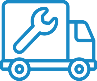 Blue icon of a delivery truck with a wrench symbol on its side, indicating service or repair logistics.
